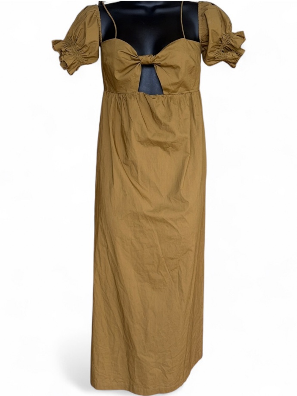 a new day Mustard Tan Maxi Dress with Front Bow and Puff Sleeves